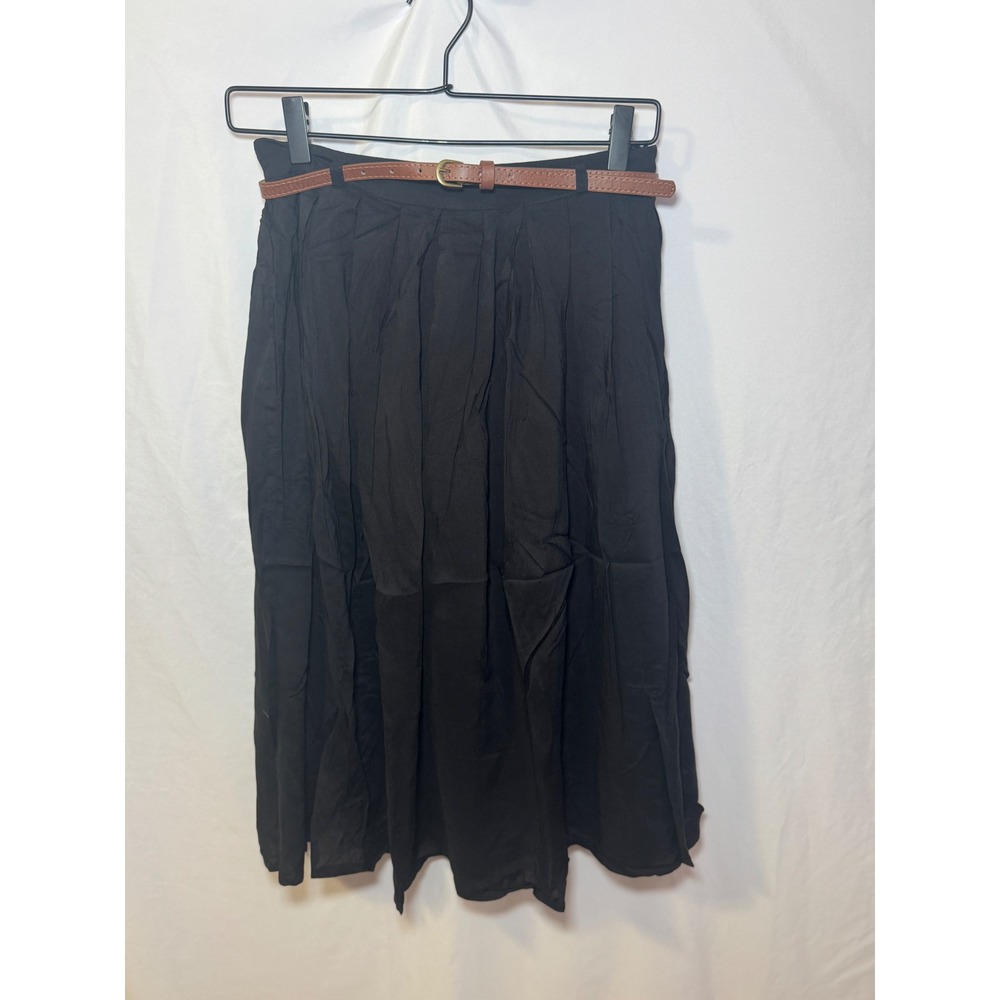 Black Pleated Midi Skirt Womens S Dark Academia Preppy Belted Tulip B NWT
